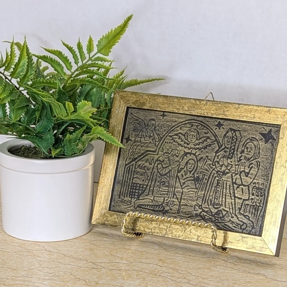 Antique Religious Engraved Copper Framed Plaque Nativity Christmas Manger Scene